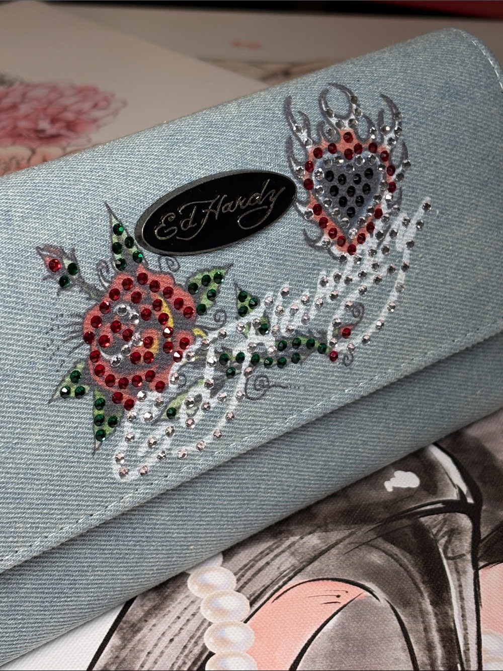 Ed Hardy Denim Light Blue Crystal Rose & Heart Clutch Wallet NEW - Picture 7 of 11